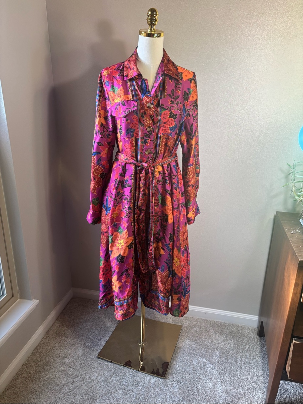 Long-Sleeve Floral Shirt Dress with Tie Waist in Magenta & Orange